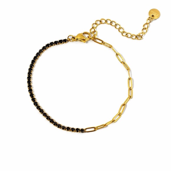 Jewelry - Gold PVD Stainless Steel Half Tennis, Half Paperclip Link Bracelet